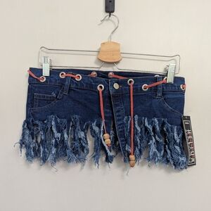 Vintage Y2K Festival Fringe Denim Micro Mini Skirt Ibiza Rave